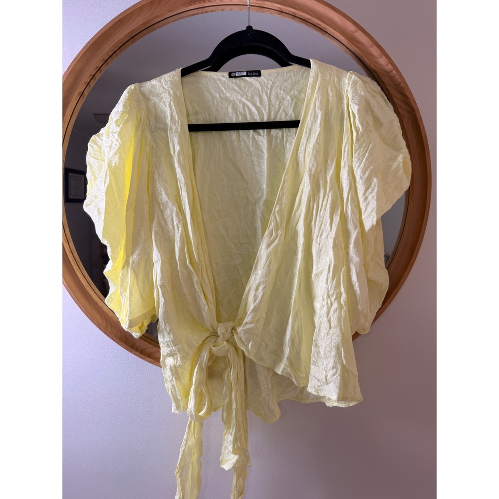 krisa Tie Front Blouse Womens Size S Yellow Excellent Puff Sleeve Textured Top